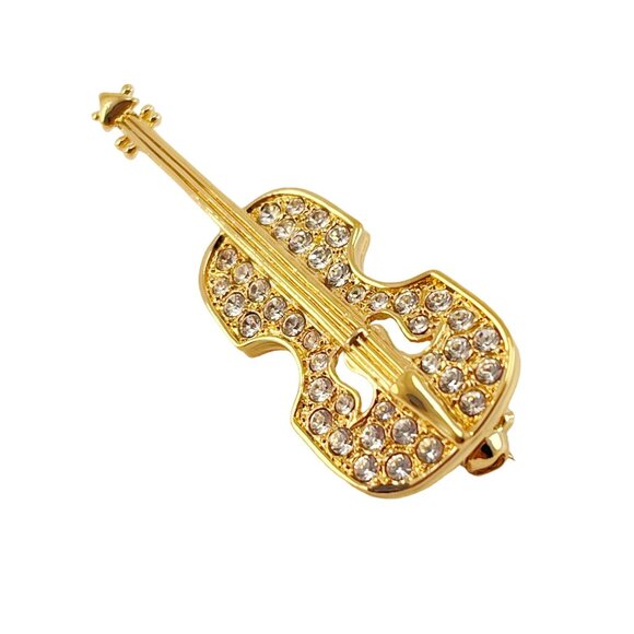 Violin Brooch Pin Gold Plated Clear Rhinestone, Gift for Musician - Picture 2 of 7